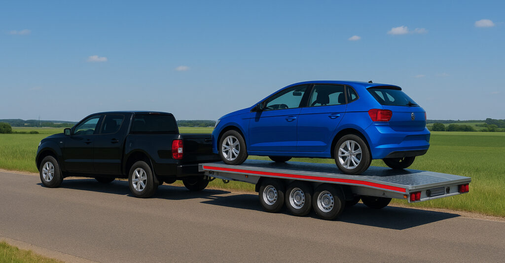Fahrzeug mit Transportanhänger und einem Auto darauf mieten