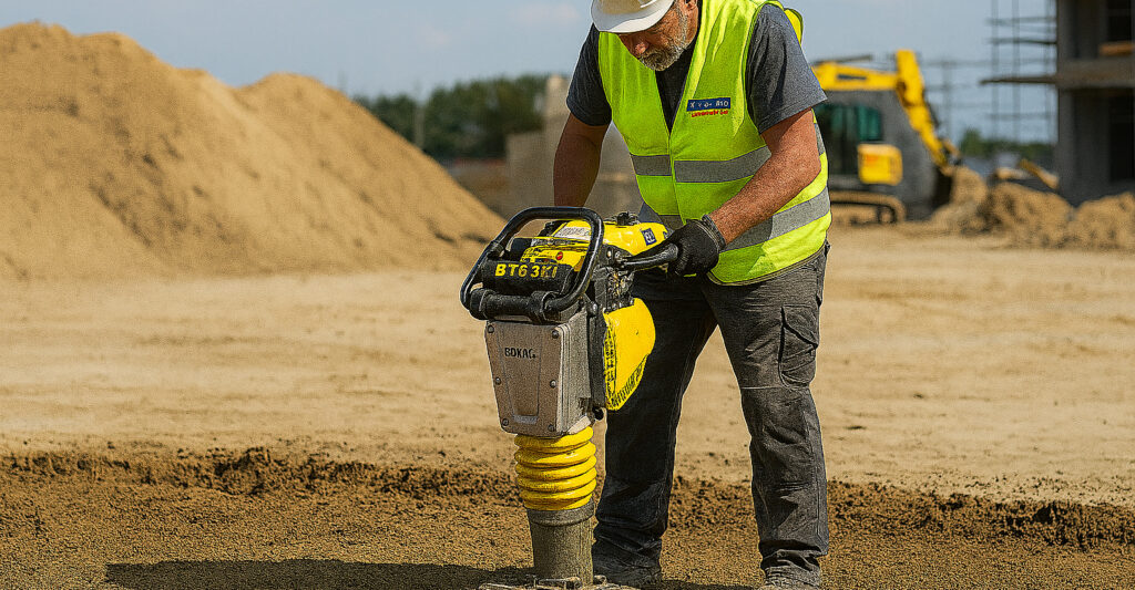 Bauarbeiter mit einem Stampfer auf der Baustelle mieten